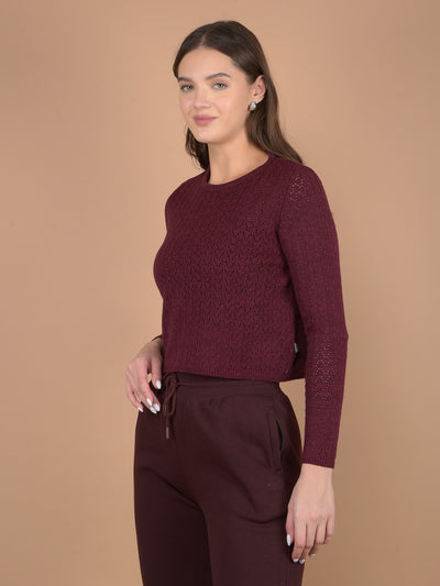 Wine Embroidered Crop Length Acrylic Sweater-Women Sweaters-Crimsoune Club