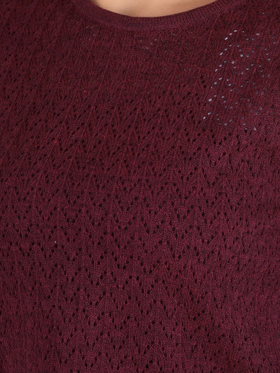 Wine Embroidered Crop Length Acrylic Sweater-Women Sweaters-Crimsoune Club