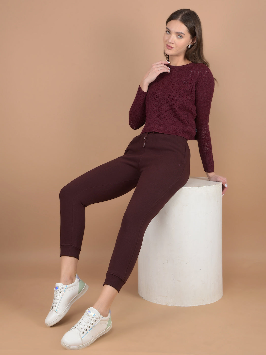 Wine Embroidered Crop Length Acrylic Sweater-Women Sweaters-Crimsoune Club