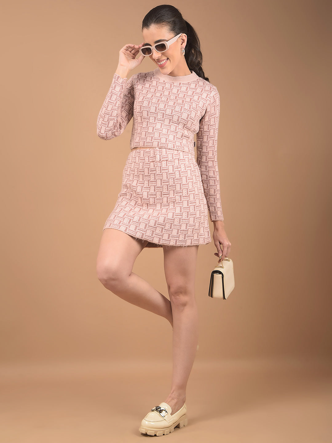 Peach Printed Acrylic Crop Length Co-Ord Sets-Women Co-Ord Sets-Crimsoune Club