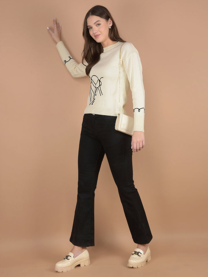 Cream Printed Acrylic Sweater-Women Sweaters-Crimsoune Club