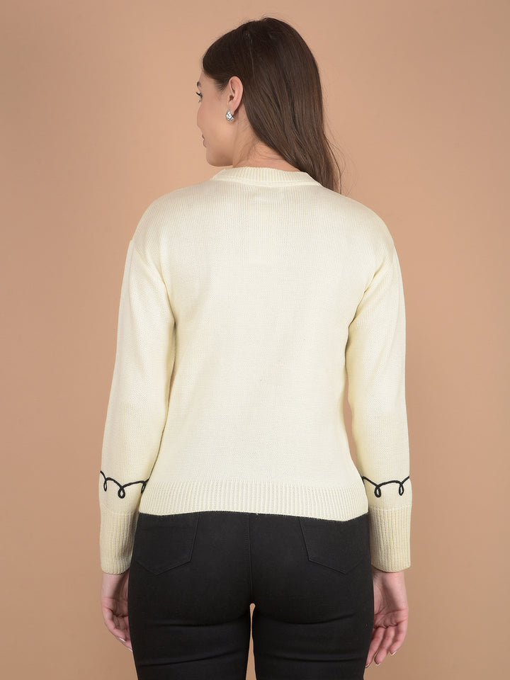 Cream Printed Acrylic Sweater-Women Sweaters-Crimsoune Club