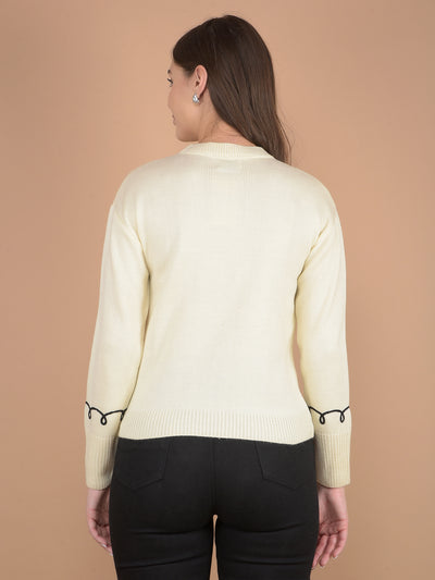 Cream Printed Acrylic Sweater-Women Sweaters-Crimsoune Club
