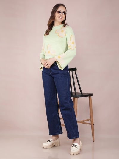 Green Floral Print Sweater-Women Sweaters-Crimsoune Club