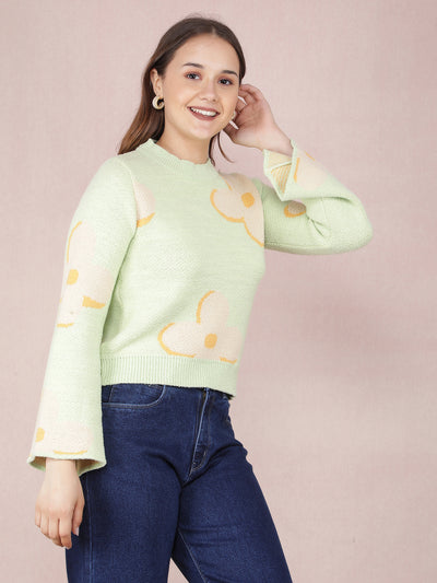 Green Floral Print Sweater-Women Sweaters-Crimsoune Club