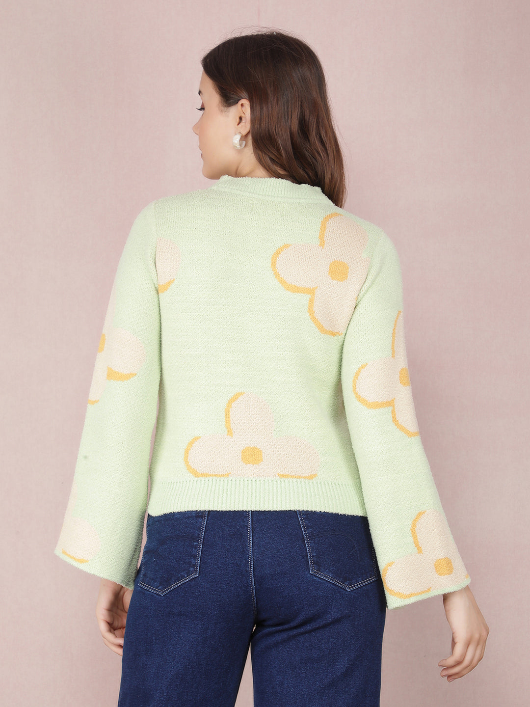 Green Floral Print Sweater-Women Sweaters-Crimsoune Club