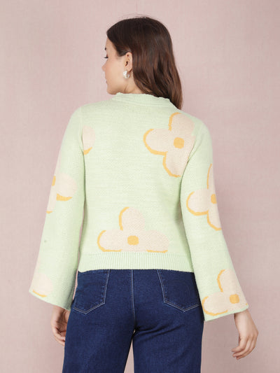 Green Floral Print Sweater-Women Sweaters-Crimsoune Club