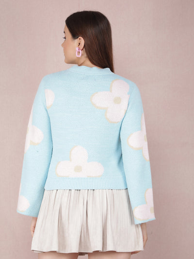 Blue Floral Print Sweater-Women Sweaters-Crimsoune Club