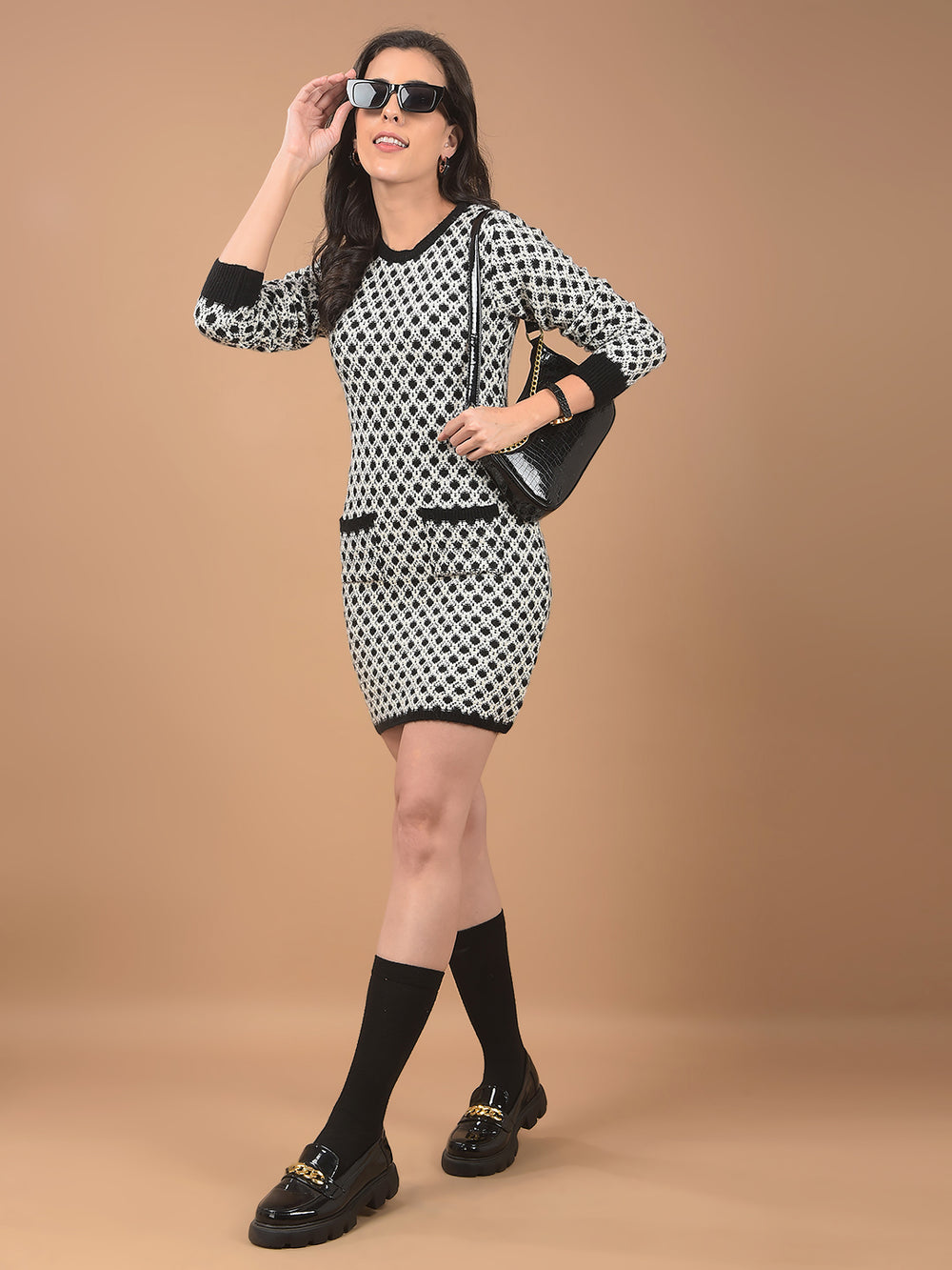 Grey Jacquard Mini-Length Knitted Dress-Women Dresses-Crimsoune Club