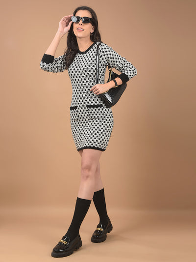 Grey Jacquard Mini-Length Knitted Dress-Women Dresses-Crimsoune Club