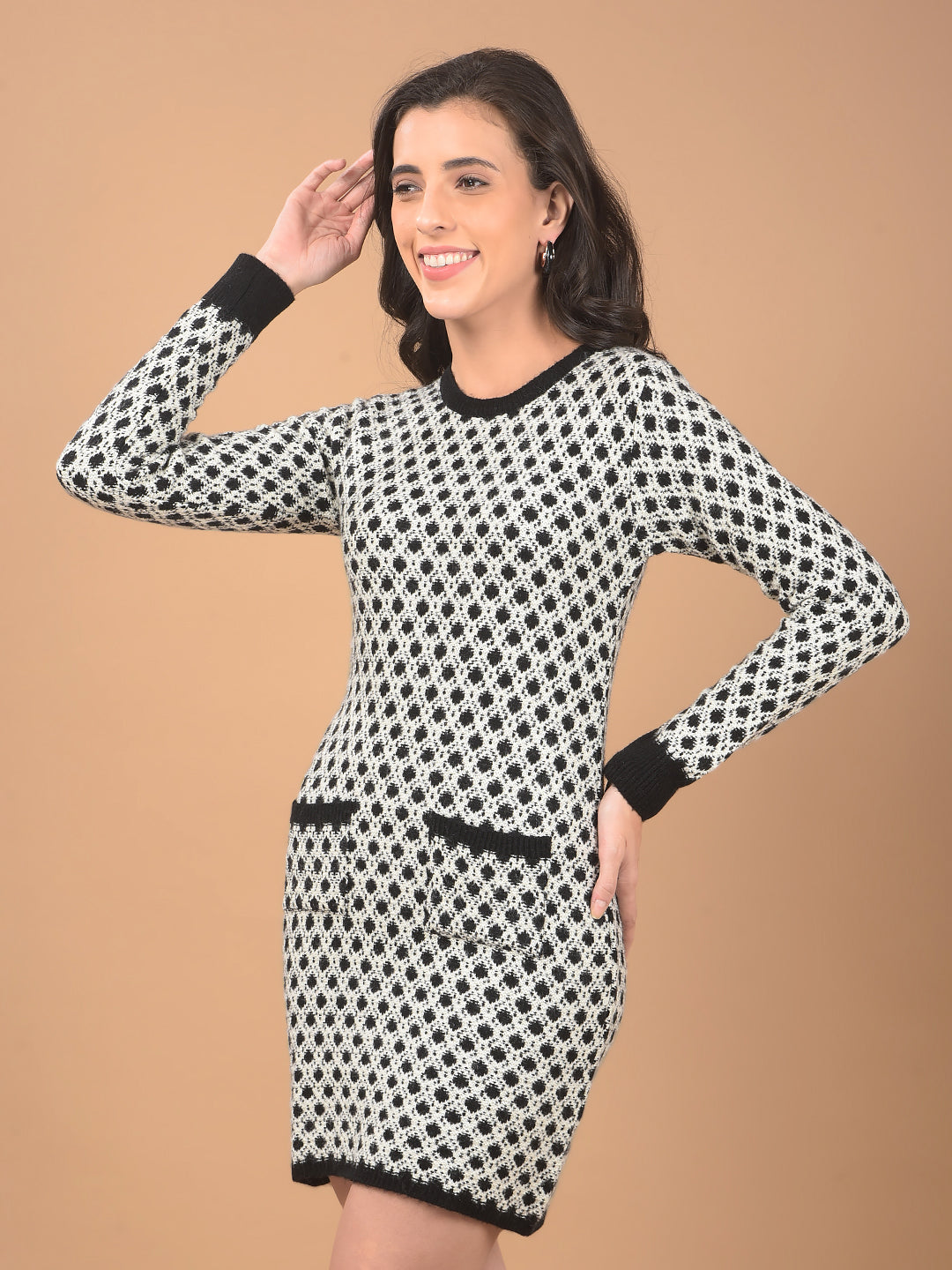 Grey Jacquard Mini-Length Knitted Dress-Women Dresses-Crimsoune Club