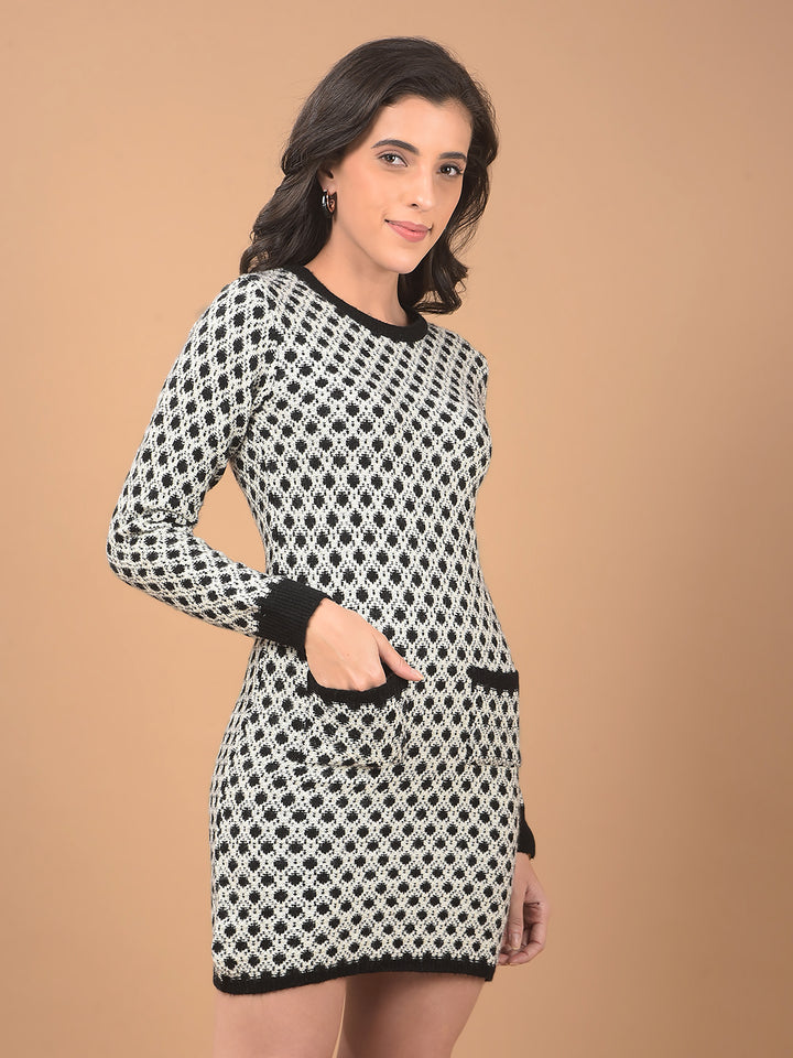 Grey Jacquard Mini-Length Knitted Dress-Women Dresses-Crimsoune Club