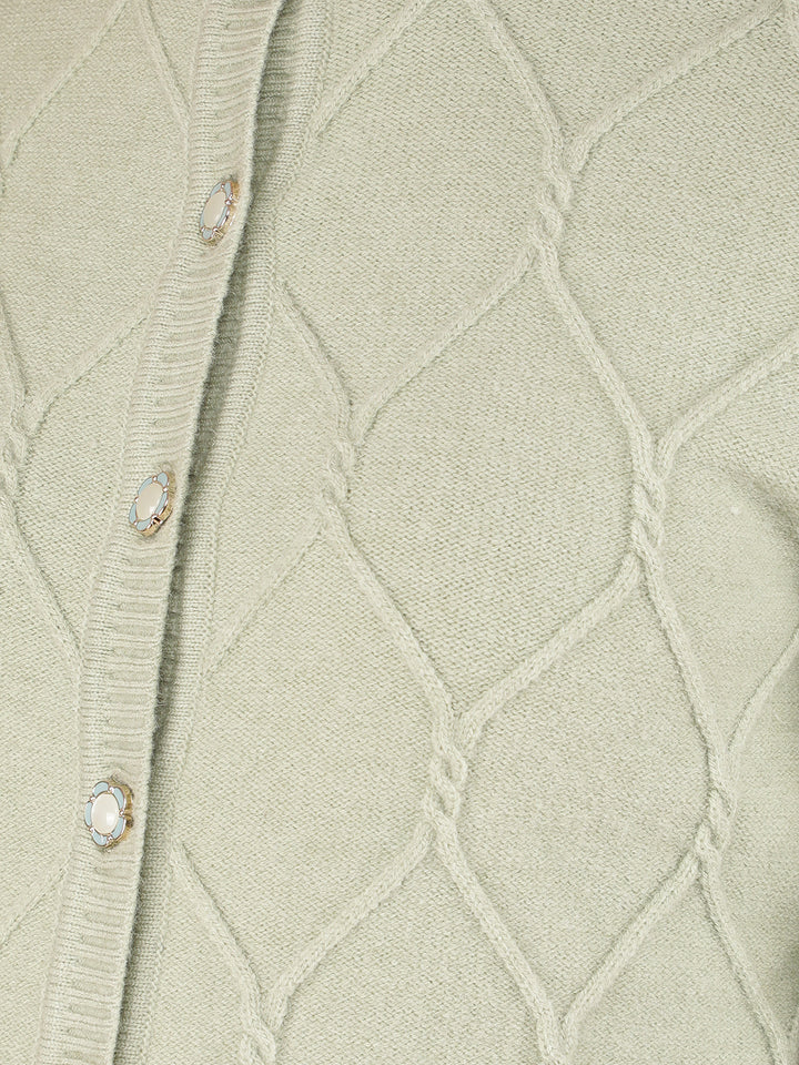 Green Jacquard Acrylic Cardigan-Women Sweaters-Crimsoune Club