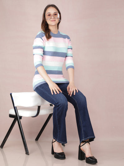 Green Horizontal Striped Long Acrylic Sweater-Women Sweaters-Crimsoune Club