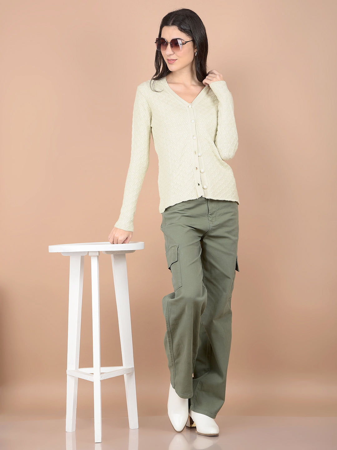 Green Jacquard V-Neck Cardigan-Women Cardigans-Crimsoune Club