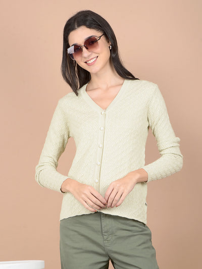 Green Jacquard V-Neck Cardigan-Women Cardigans-Crimsoune Club