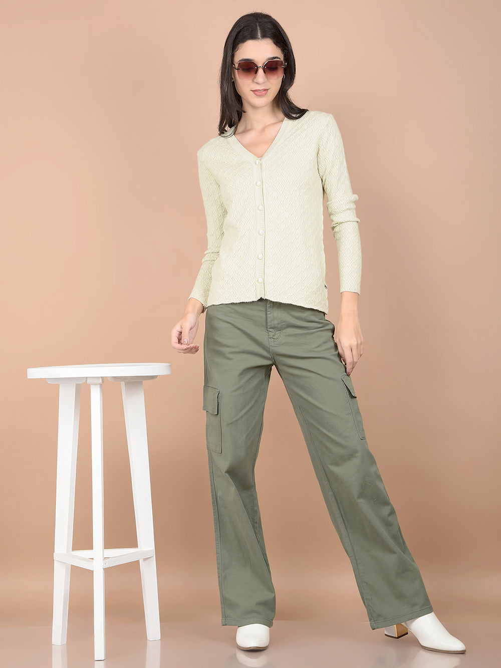 Green Jacquard V-Neck Cardigan-Women Cardigans-Crimsoune Club
