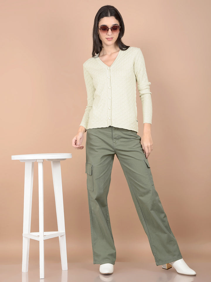 Green Jacquard V-Neck Cardigan-Women Cardigans-Crimsoune Club