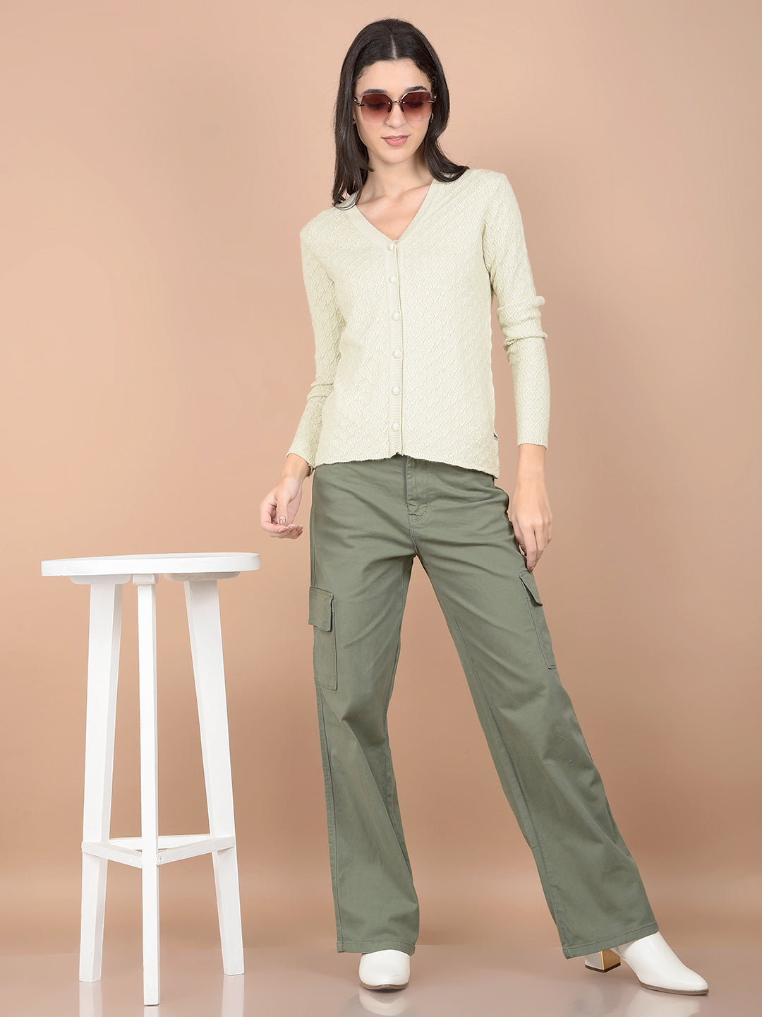 Green Jacquard V-Neck Cardigan-Women Cardigans-Crimsoune Club