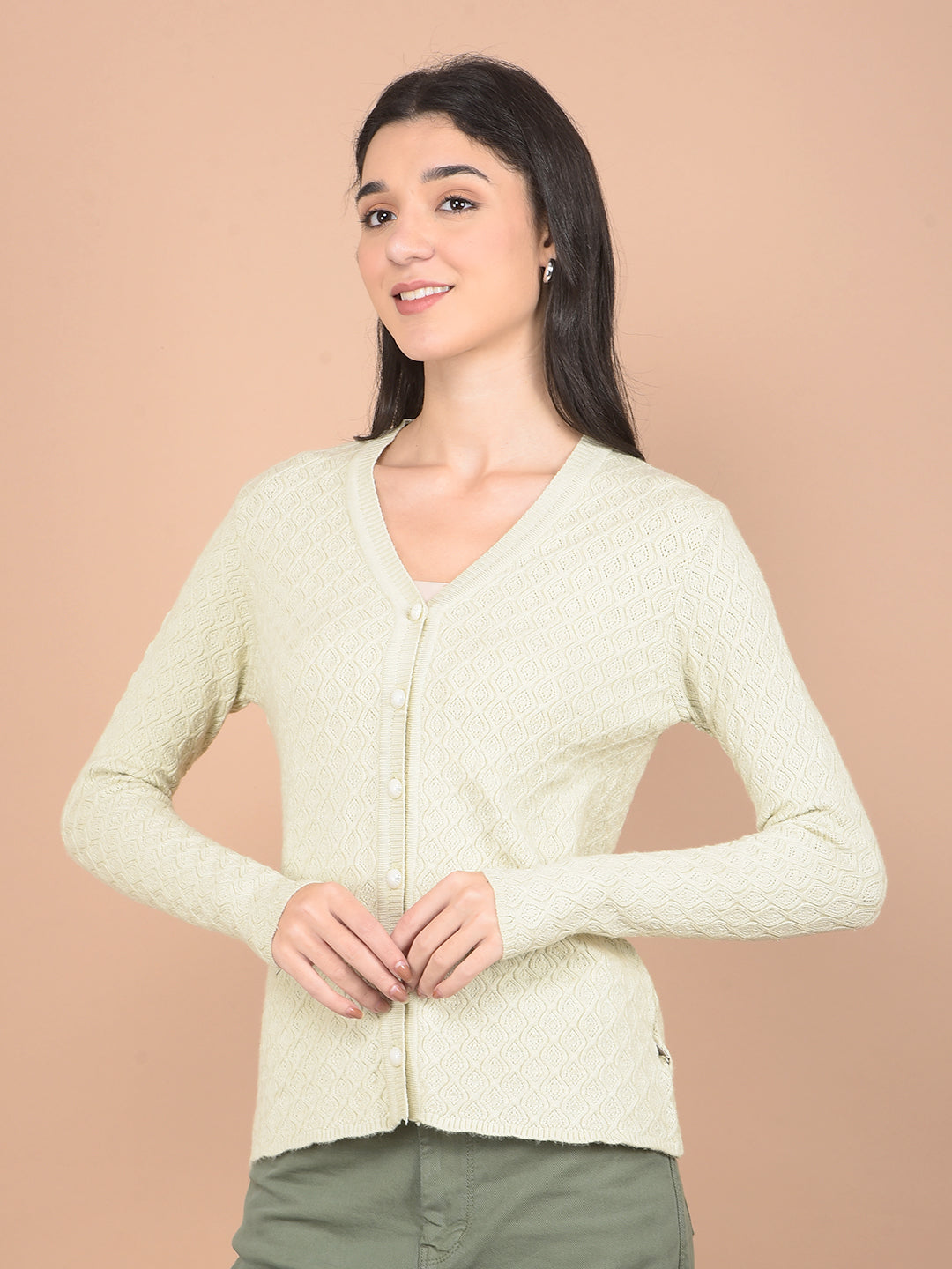Green Jacquard V-Neck Cardigan-Women Cardigans-Crimsoune Club