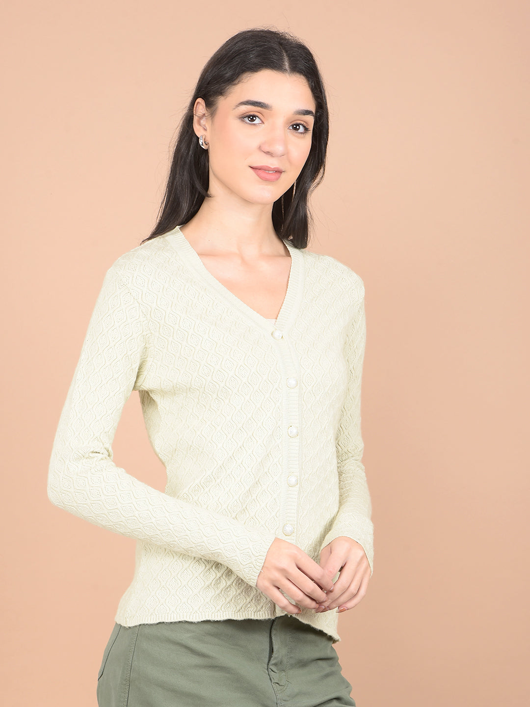 Green Jacquard V-Neck Cardigan-Women Cardigans-Crimsoune Club