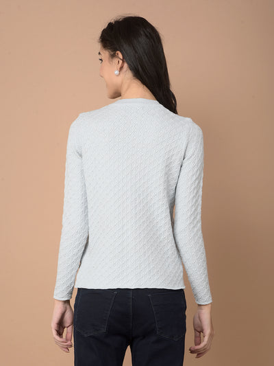 Blue Jacquard V-Neck Cardigan-Women Cardigans-Crimsoune Club