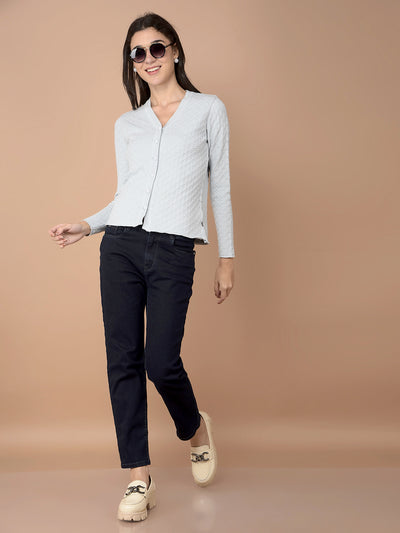 Blue Jacquard V-Neck Cardigan-Women Cardigans-Crimsoune Club