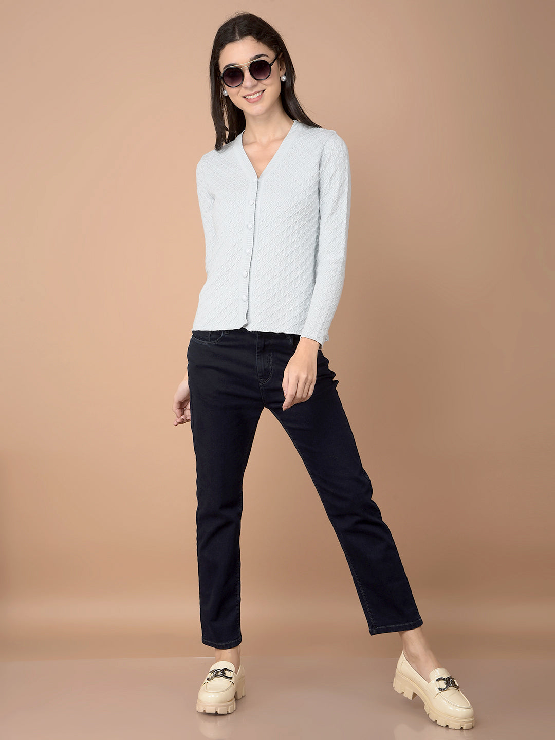 Blue Jacquard V-Neck Cardigan-Women Cardigans-Crimsoune Club