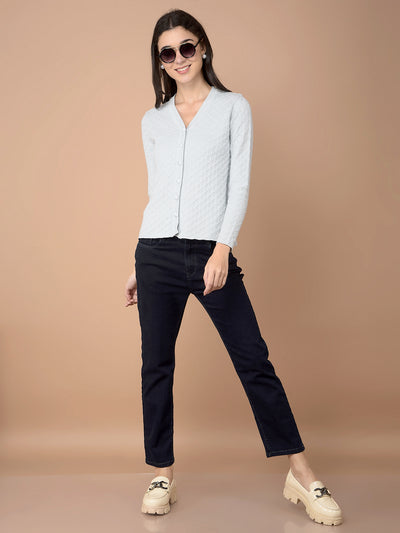 Blue Jacquard V-Neck Cardigan-Women Cardigans-Crimsoune Club