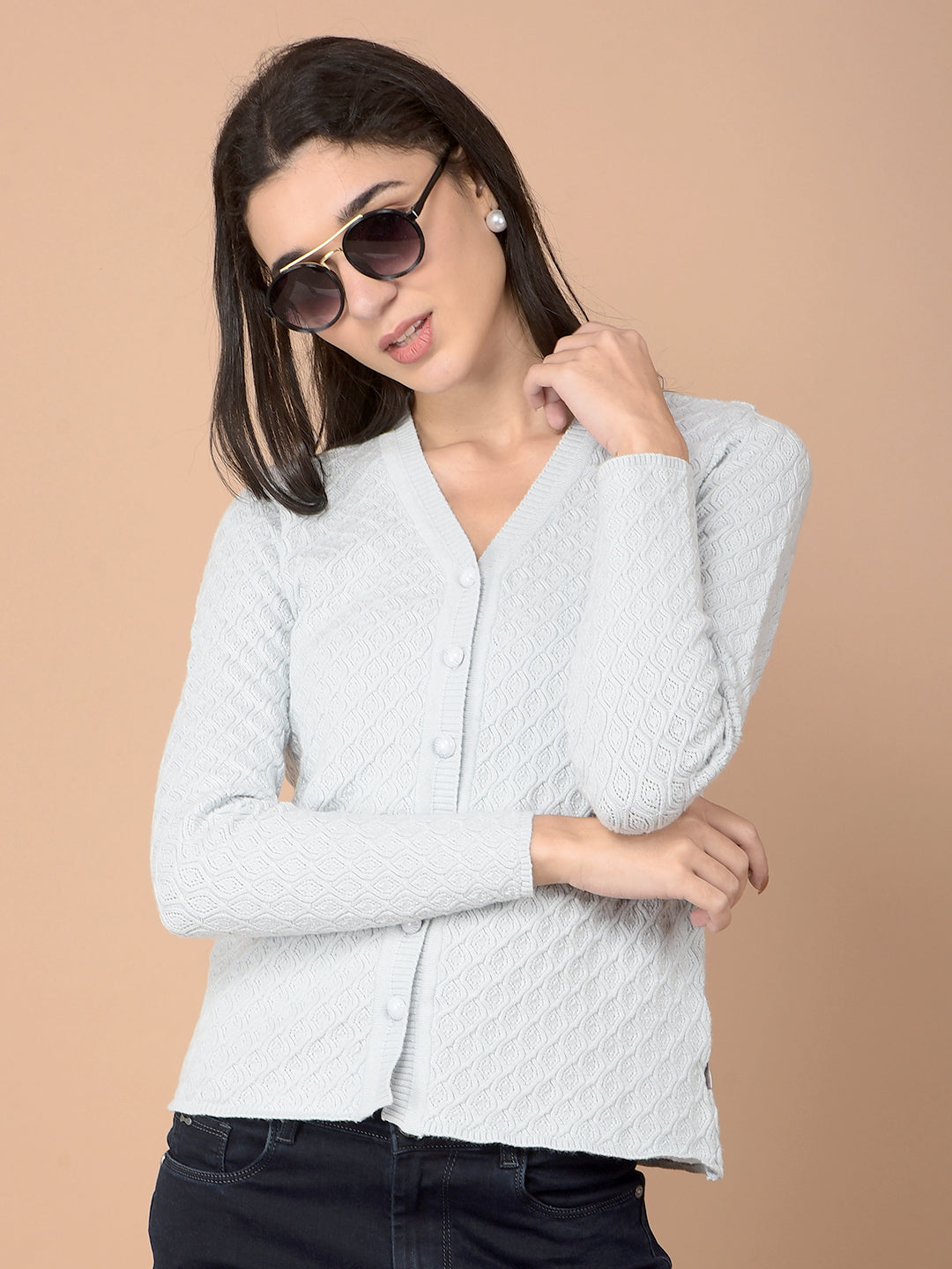 Blue Jacquard V-Neck Cardigan-Women Cardigans-Crimsoune Club