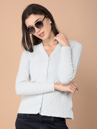 Blue Jacquard V-Neck Cardigan-Women Cardigans-Crimsoune Club