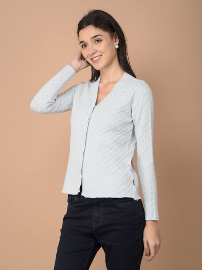 Blue Jacquard V-Neck Cardigan-Women Cardigans-Crimsoune Club