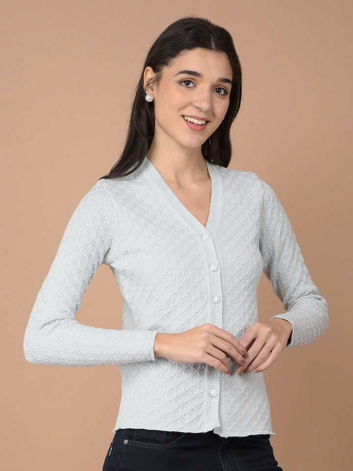 Blue Jacquard V-Neck Cardigan-Women Cardigans-Crimsoune Club