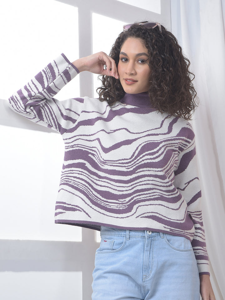 Purple Jacquard High Neck Sweater-Women Sweaters-Crimsoune Club