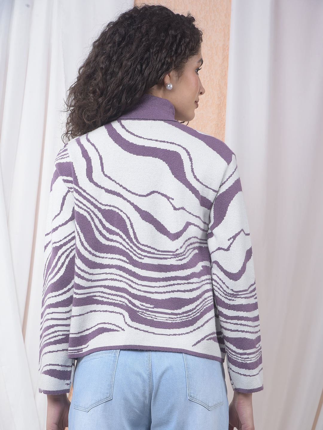 Purple Jacquard High Neck Sweater-Women Sweaters-Crimsoune Club