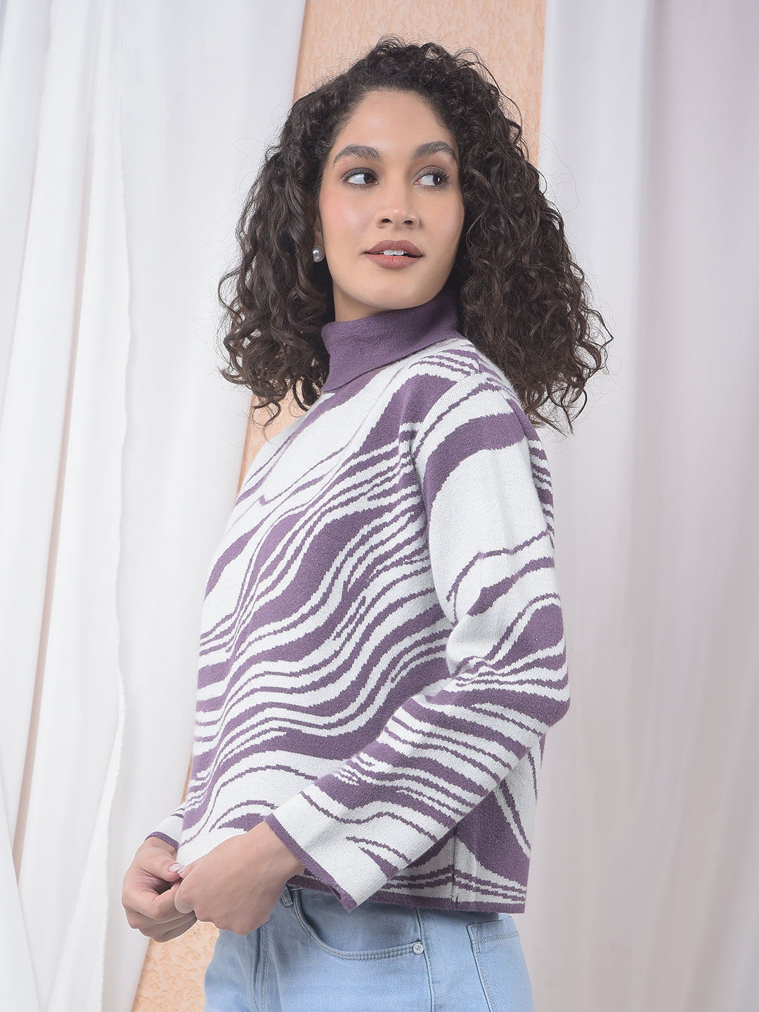 Purple Jacquard High Neck Sweater-Women Sweaters-Crimsoune Club
