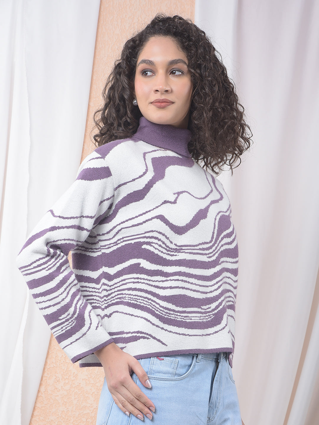 Purple Jacquard High Neck Sweater-Women Sweaters-Crimsoune Club