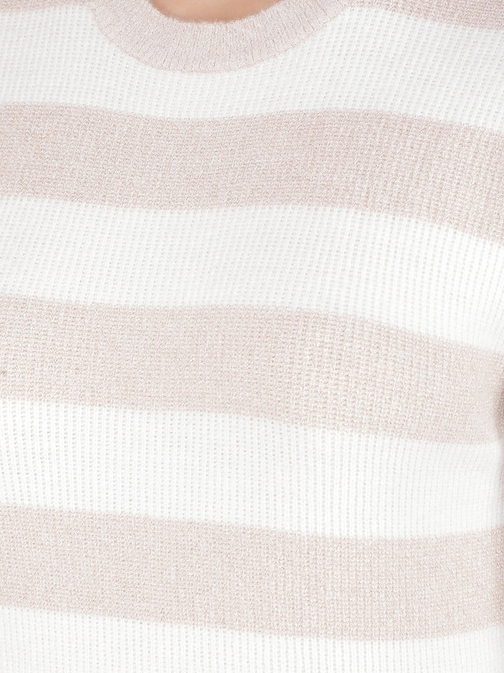 Pink Horizontal Striped Acrylic Sweater-Women Sweaters-Crimsoune Club