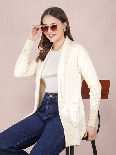 Cream Jacquard Long Length Shrug-Women Shrugs-Crimsoune Club