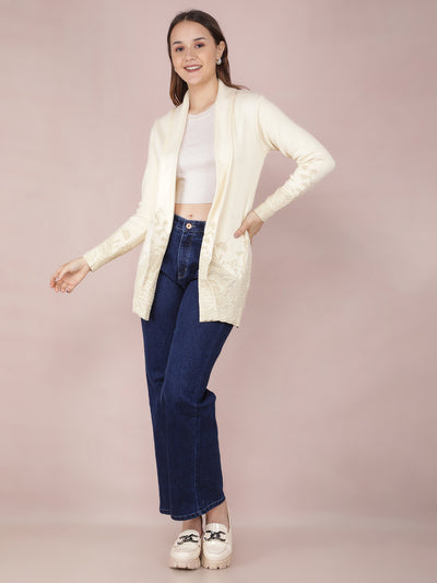Cream Jacquard Long Length Shrug-Women Shrugs-Crimsoune Club