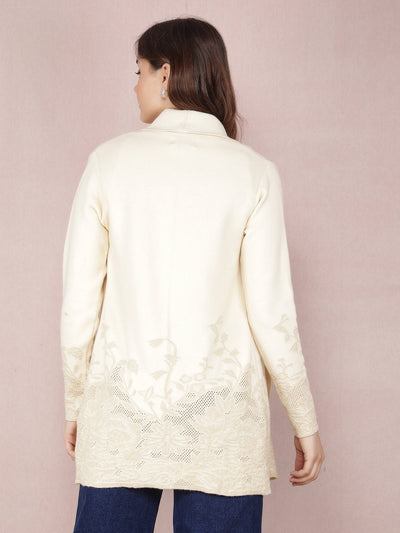 Cream Jacquard Long Length Shrug-Women Shrugs-Crimsoune Club