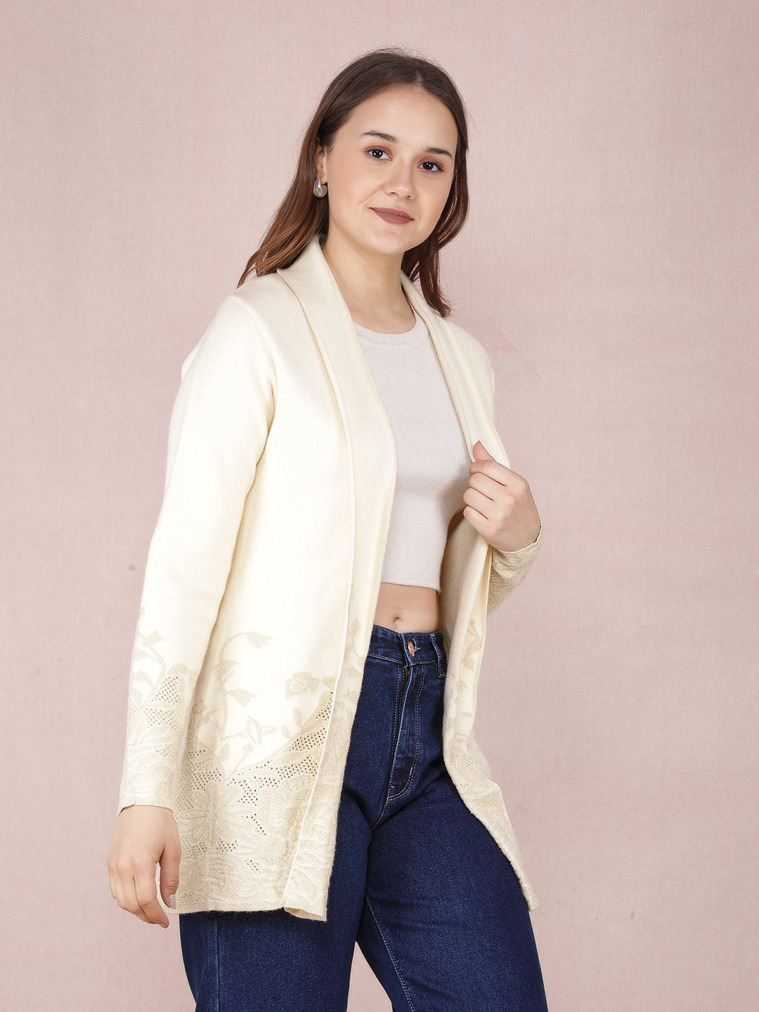 Cream Jacquard Long Length Shrug-Women Shrugs-Crimsoune Club