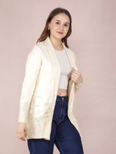 Cream Jacquard Long Length Shrug-Women Shrugs-Crimsoune Club