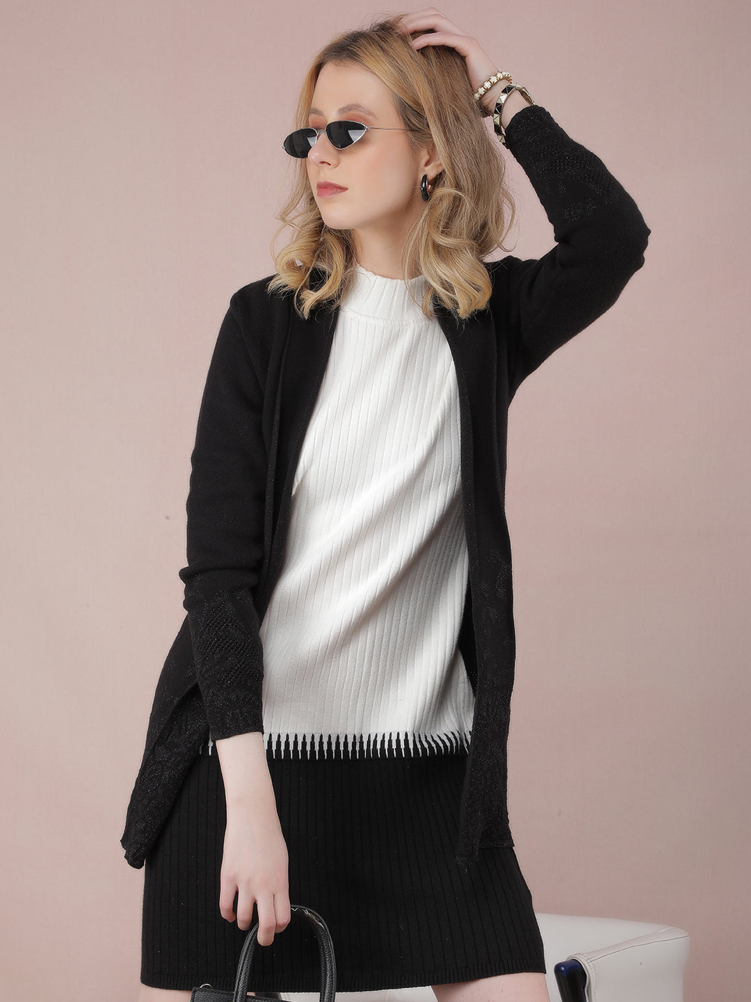 Black Jacquard Long Length Shrug-Women Shrugs-Crimsoune Club