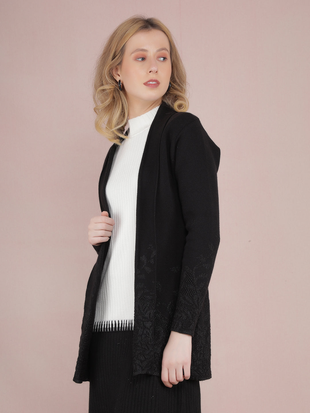 Black Jacquard Long Length Shrug-Women Shrugs-Crimsoune Club