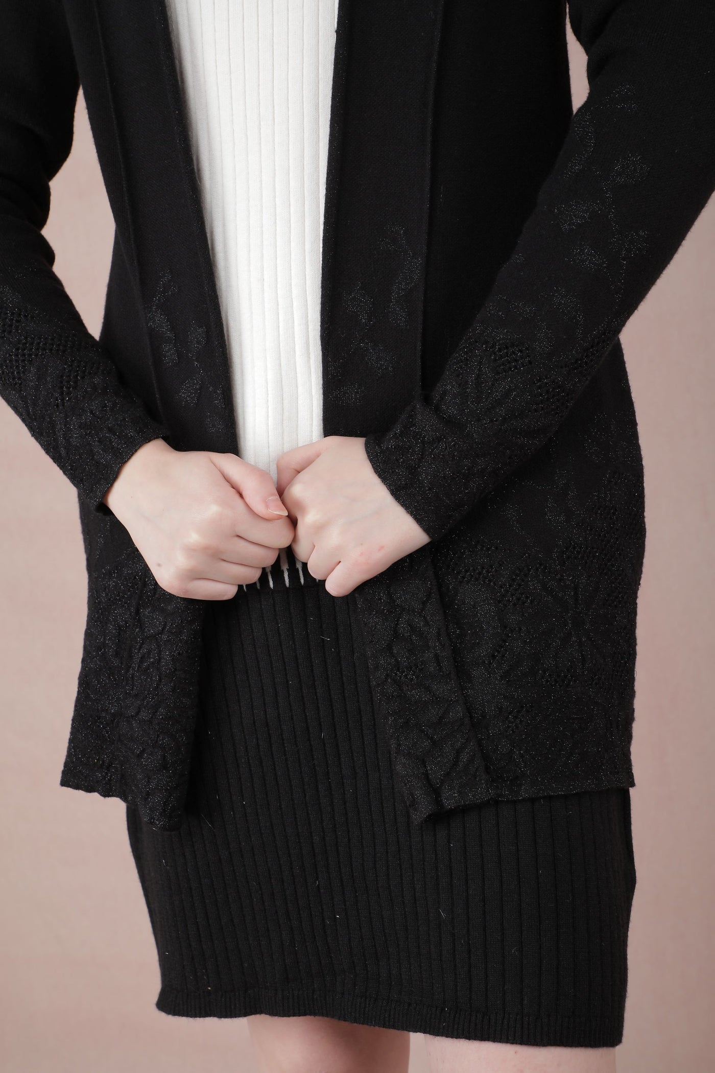 Black Jacquard Long Length Shrug-Women Shrugs-Crimsoune Club