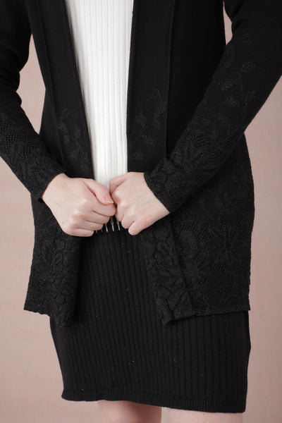 Black Jacquard Long Length Shrug-Women Shrugs-Crimsoune Club