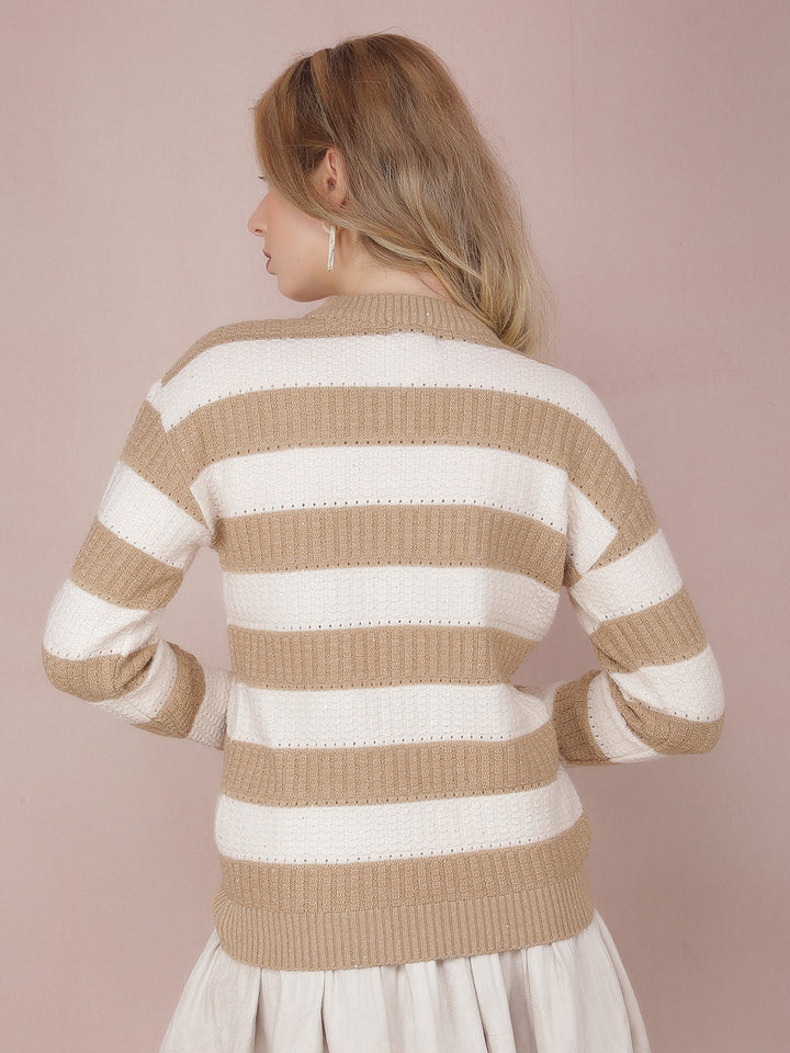 Beige Horizontal Striped Acrylic Sweater-Women Sweaters-Crimsoune Club