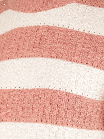 Peach Horizontal Striped Acrylic Sweater-Women Sweaters-Crimsoune Club