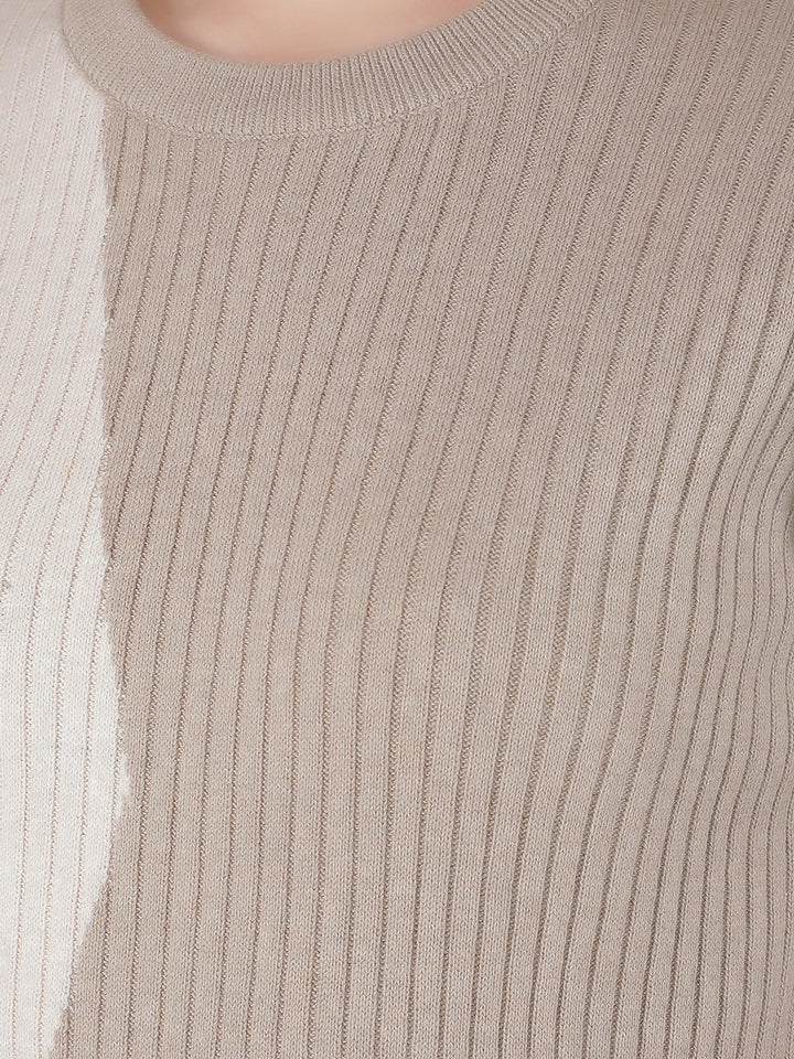 Brown Color-Blocked Long Length Sweater-Women Sweaters-Crimsoune Club